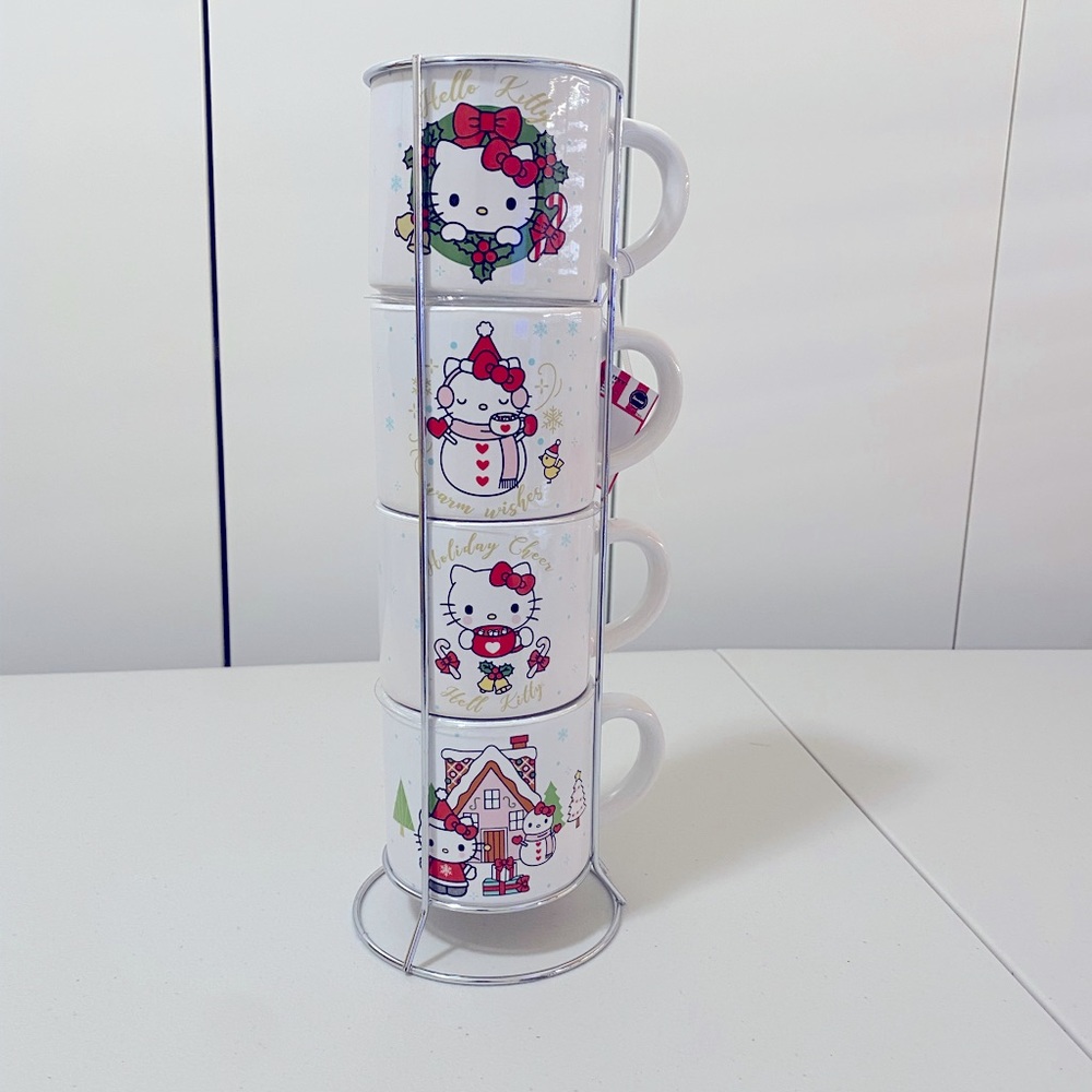 Hello Kitty (Sanrio) Christmas Stacked Ceramic Mugs with Rack - Set of 4…